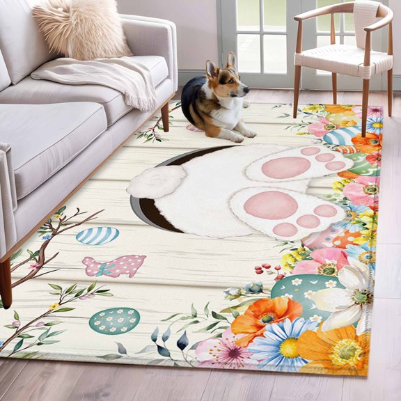 Area Rugs 2.7'x5', Easter Carpet for Living Room Bedroom Dining Room, Spring Farmhouse Watercolor Bunny Eggs Wood Grain Throw Kitchen Rugs Non Slip Washable Rectangle Indoor Outdoor Rugs