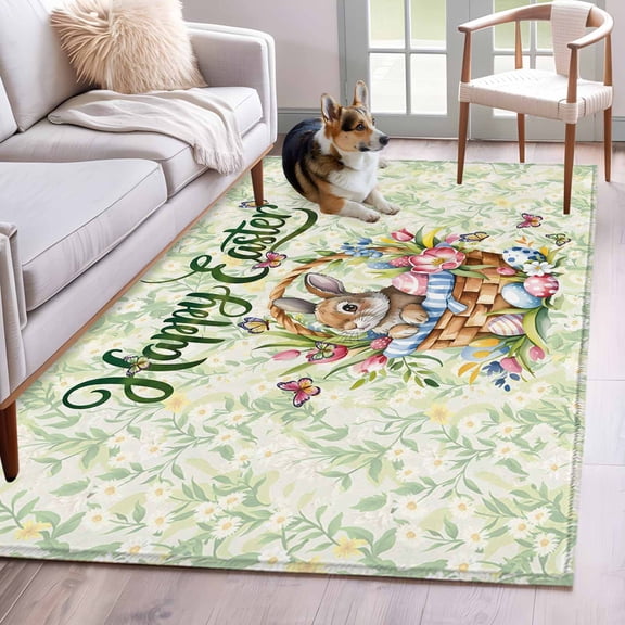 Area Rugs 2.7'x5', Easter Carpet for Living Room Bedroom Dining Room, Spring Floral Easter Eggs Bunny Tulip Butterfly Throw Kitchen Rugs Non Slip Washable Rectangle Indoor Outdoor Rugs