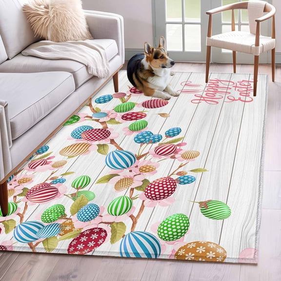 Area Rugs 2.7'x5', Easter Carpet for Living Room Bedroom Dining Room, Spring Funny Colorful Eggs Tree Wooden Grain Throw Kitchen Rugs Non Slip Washable Rectangle Indoor Outdoor Rugs