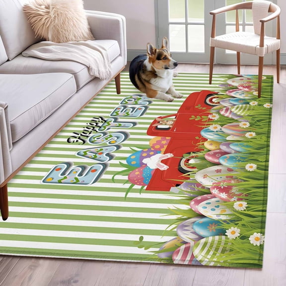 Area Rugs 2.7'x5', Easter Carpet for Living Room Bedroom Dining Room, Spring Green Stripes Easter Eggs Bunny Red Truck Throw Kitchen Rugs Non Slip Washable Rectangle Indoor Outdoor Rugs