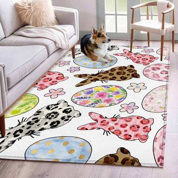 Area Rugs 2.7'x5', Easter Carpet for Living Room Bedroom Dining Room, Spring Leopard Prints Bunny Colorful Eggs Flower Throw Kitchen Rugs Non Slip Washable Rectangle Indoor Outdoor Rugs