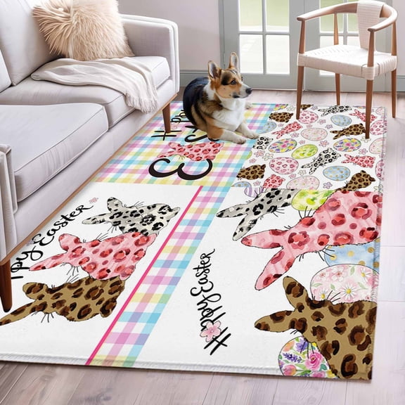 Area Rugs 2.7'x5', Easter Carpet for Living Room Bedroom Dining Room, Spring Leopard Prints Colorful Bunny Eggs Striped Throw Kitchen Rugs Non Slip Washable Rectangle Indoor Outdoor Rugs