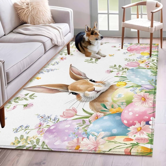 Area Rugs 2.7'x5', Easter Carpet for Living Room Bedroom Dining Room, Spring Rabbit Colorful Eggs Budding Florals Leaf Throw Kitchen Rugs Non Slip Washable Rectangle Indoor Outdoor Rugs