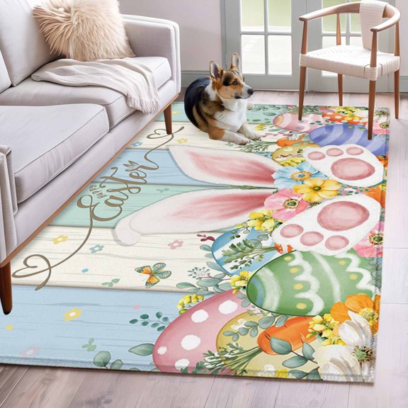Area Rugs 2.7'x5', Easter Carpet for Living Room Bedroom Dining Room, Spring Rabbit Ear Eggs Floral Butterfly Wooden Throw Kitchen Rugs Non Slip Washable Rectangle Indoor Outdoor Rugs