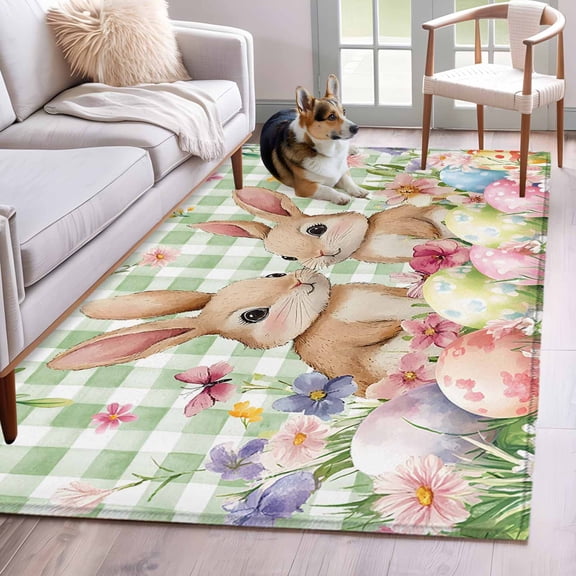 Area Rugs 2.7'x5', Easter Carpet for Living Room Bedroom Dining Room, Spring Rabbit Eggs Flower Butterfly Green Plaid Throw Kitchen Rugs Non Slip Washable Rectangle Indoor Outdoor Rugs