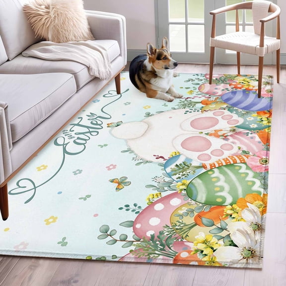 Area Rugs 2.7'x5', Easter Carpet for Living Room Bedroom Dining Room, Spring Rabbit Feet Eggs Botanical Flowers Butterfly Throw Kitchen Rugs Non Slip Washable Rectangle Indoor Outdoor Rugs