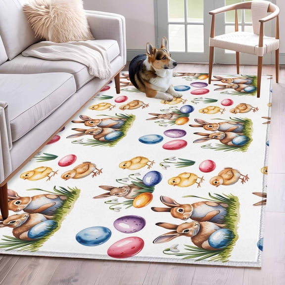 Area Rugs 2.7'x5', Easter Carpet for Living Room Bedroom Dining Room, Spring Rabbits Colorful Eggs Chicken Flowers Throw Kitchen Rugs Non Slip Washable Rectangle Indoor Outdoor Rugs