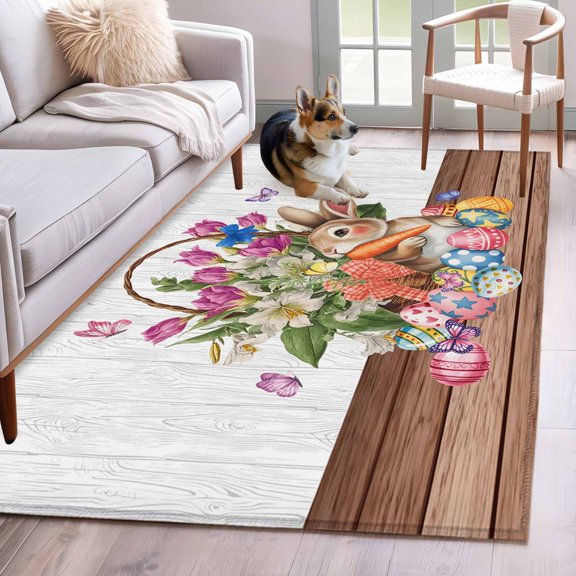 Area Rugs 2.7'x5', Easter Carpet for Living Room Bedroom Dining Room, Spring Rabbits Eggs Botanical Flowers Butterfly Throw Kitchen Rugs Non Slip Washable Rectangle Indoor Outdoor Rugs