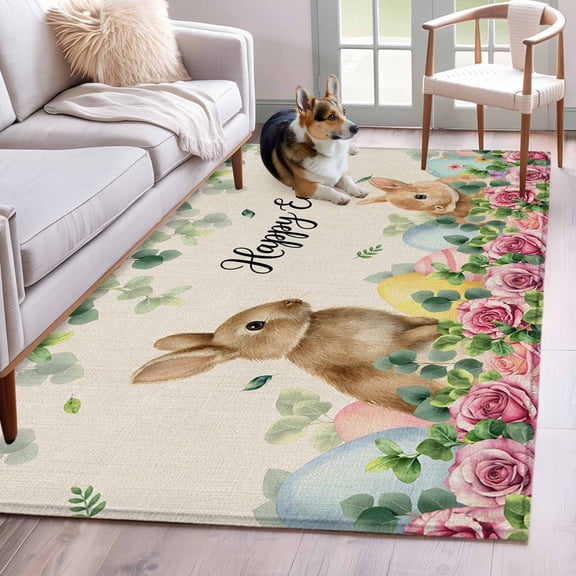Area Rugs 2.7'x5', Easter Carpet for Living Room Bedroom Dining Room, Spring Watercolor Bunny Eggs Flower Leaf Beige Throw Kitchen Rugs Non Slip Washable Rectangle Indoor Outdoor Rugs