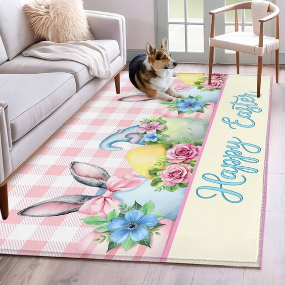 Area Rugs 2.7'x5', Easter Carpet for Living Room Bedroom Dining Room, Spring Watercolor Bunny Eggs Flowers Pink Plaid Throw Kitchen Rugs Non Slip Washable Rectangle Indoor Outdoor Rugs