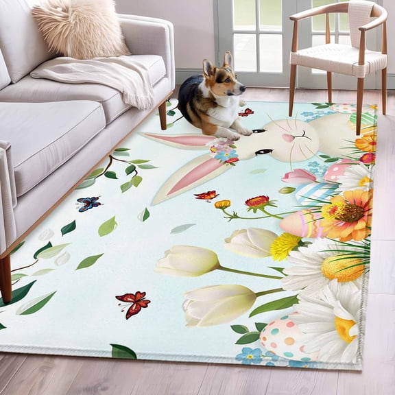 Area Rugs 2.7'x5', Easter Carpet for Living Room Bedroom Dining Room, Spring Watercolor Bunny Eggs Tulip Flower Plant Throw Kitchen Rugs Non Slip Washable Rectangle Indoor Outdoor Rugs