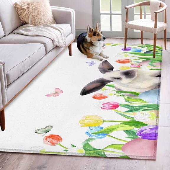 Area Rugs 2.7'x5', Easter Carpet for Living Room Bedroom Dining Room, Spring Watercolor Flowers Bunny Butterfly Eggs Throw Kitchen Rugs Non Slip Washable Rectangle Indoor Outdoor Rugs