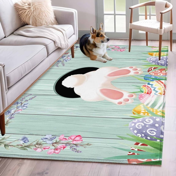 Area Rugs 2.7'x5', Easter Carpet for Living Room Bedroom Dining Room, Turquoise Bunny Eggs Spring Floral Wooden Throw Kitchen Rugs Non Slip Washable Rectangle Indoor Outdoor Rugs