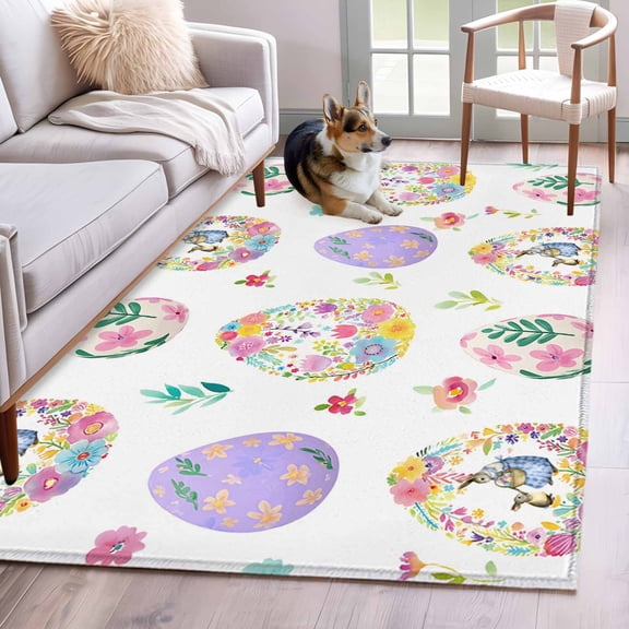 Area Rugs 2.7'x5', Easter Colorful Eggs Carpet for Living Room Bedroom Dining Room, Spring Flowers Leaves Country Plants Throw Kitchen Rugs Non Slip Washable Rectangle Indoor Outdoor Rugs