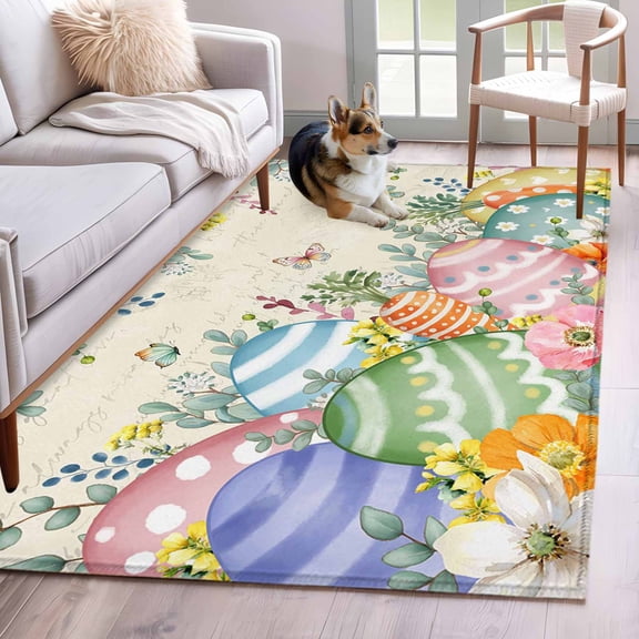 Area Rugs 2.7'x5', Easter Eggs Carpet for Living Room Bedroom Dining Room, Farmhouse Spring Botanicals Plants Butterfly Throw Kitchen Rugs Non Slip Washable Rectangle Indoor Outdoor Rugs