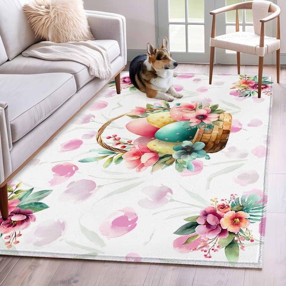Area Rugs 2.7'x5', Easter Eggs Carpet for Living Room Bedroom Dining Room, Pink Flowers Basket Leaves Rustic Botanical Throw Kitchen Rugs Non Slip Washable Rectangle Indoor Outdoor Rugs