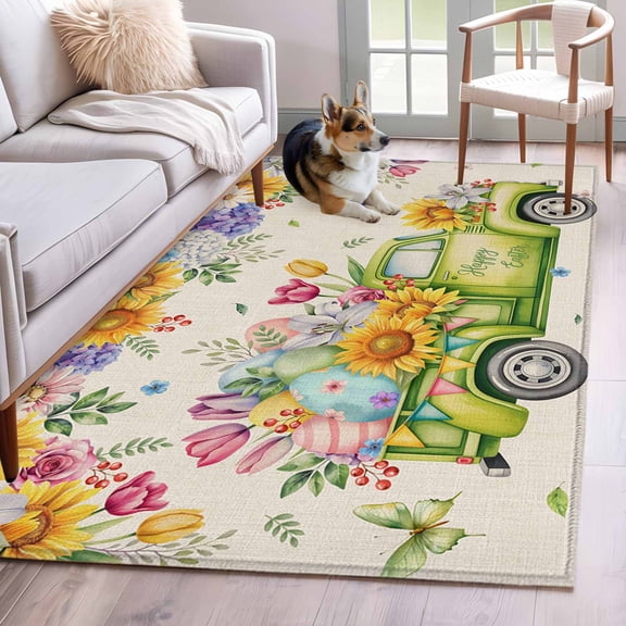 Area Rugs 2.7'x5', Easter Eggs Carpet for Living Room Bedroom Dining Room, Spring Flowers Truck Leaves Butterflies Beige Throw Kitchen Rugs Non Slip Washable Rectangle Indoor Outdoor Rugs