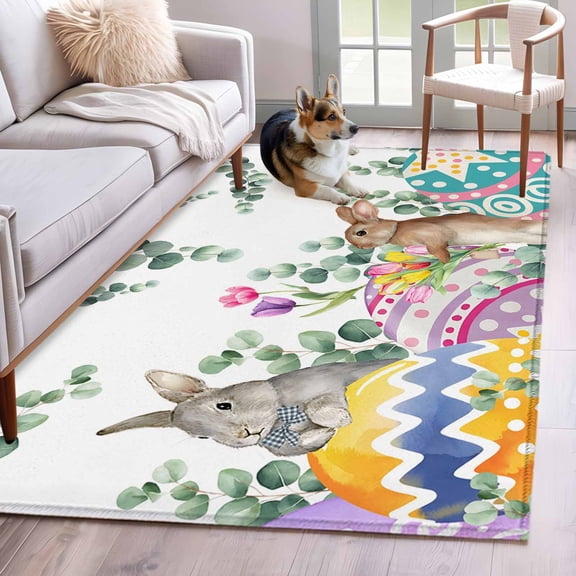 Area Rugs 2.7'x5', Easter Eggs Carpet for Living Room Bedroom Dining Room, Spring Watercolor Bunny Eucalyptus Leaf Throw Kitchen Rugs Non Slip Washable Rectangle Indoor Outdoor Rugs