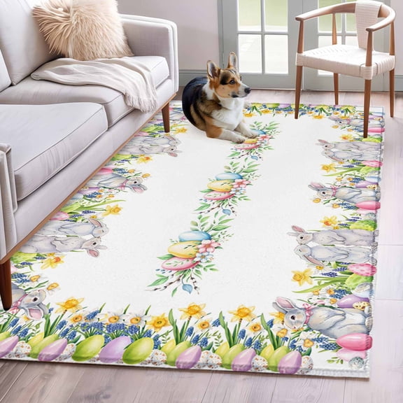 Area Rugs 2.7'x5', Easter Eggs Carpet for Living Room Bedroom Dining Room, Spring Watercolor Bunny Flower Leaf Plant Throw Kitchen Rugs Non Slip Washable Rectangle Indoor Outdoor Rugs
