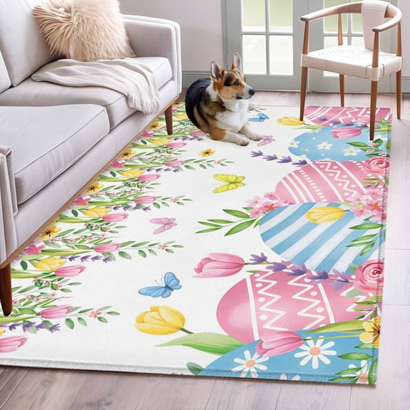 Area Rugs 2.7'x5', Easter Eggs Carpet for Living Room Bedroom Dining Room, Spring Watercolor Tulips Flower Leaf Plant Throw Kitchen Rugs Non Slip Washable Rectangle Indoor Outdoor Rugs