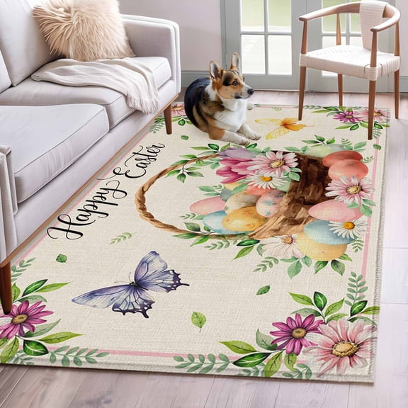 Area Rugs 2.7'x5', Easter Eggs Carpet for Living Room Bedroom Dining Room, Watercolor Eggs Flowers Butterfly Spring Beige Throw Kitchen Rugs Non Slip Washable Rectangle Indoor Outdoor Rugs