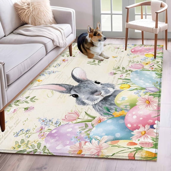 Area Rugs 2.7'x5', Easter Rabbit Carpet for Living Room Bedroom Dining Room, Spring Colorful Eggs Wildflowers Leaves Throw Kitchen Rugs Non Slip Washable Rectangle Indoor Outdoor Rugs