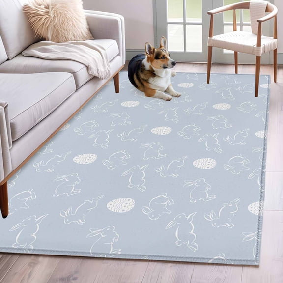 Area Rugs 2.7'x5', Easter Rabbits Carpet for Living Room Bedroom Dining Room, Cartoon Bunny Eggs Animal Blue Throw Kitchen Rugs Non Slip Washable Rectangle Indoor Outdoor Rugs
