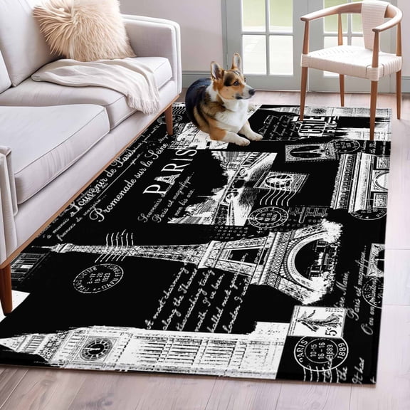 Area Rugs 2.7'x5', Eiffel Tower Carpet for Living Room Bedroom Dining Room, Vintage France Romantic European Paris City Art Throw Kitchen Rugs Non Slip Washable Rectangle Indoor Outdoor Rugs