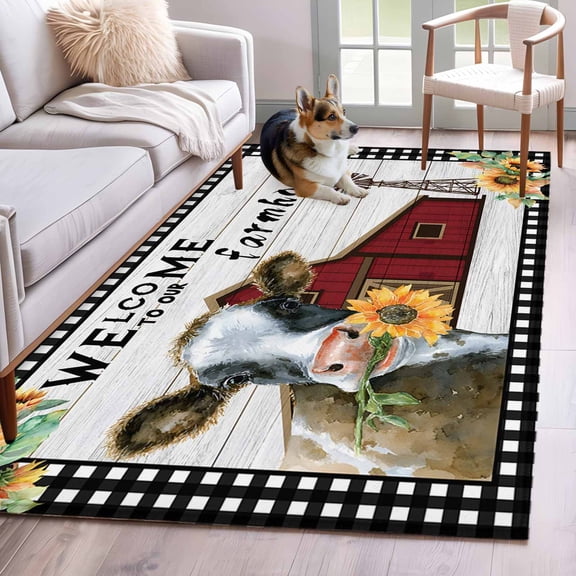 Area Rugs 2.7'x5', Farm Cow Carpet for Living Room Bedroom Dining Room, Country Cabin Red Barn Animals Sunflowers Plaid Throw Kitchen Rugs Non Slip Washable Rectangle Indoor Outdoor Rugs