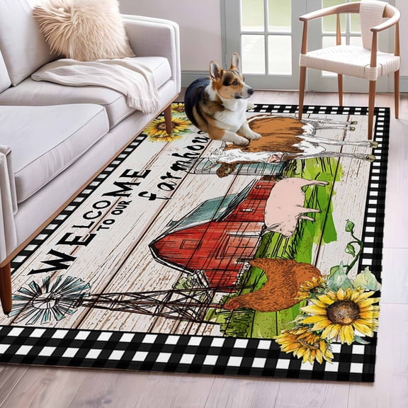 Area Rugs 2.7'x5', Farmhouse Cow Carpet for Living Room Bedroom Dining Room, Country Sunflowers Pig Cabin Barn Wooden Throw Kitchen Rugs Non Slip Washable Rectangle Indoor Outdoor Rugs