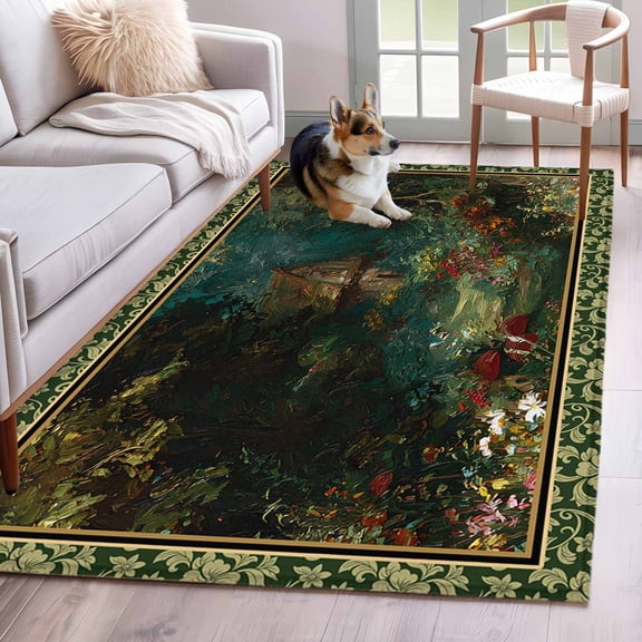 Area Rugs 2.7'x5', Forest Carpet for Living Room Bedroom Dining Room, Spring Oil Painting Country Cabin Trees Flower Throw Kitchen Rugs Non Slip Washable Rectangle Indoor Outdoor Rugs