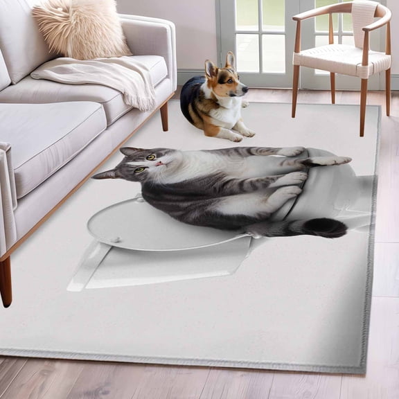 Area Rugs 2.7'x5', Funny Cat Carpet for Living Room Bedroom Dining Room, Modern Abstract Cute Animals on Toilets Artwork Throw Kitchen Rugs Non Slip Washable Rectangle Indoor Outdoor Rugs
