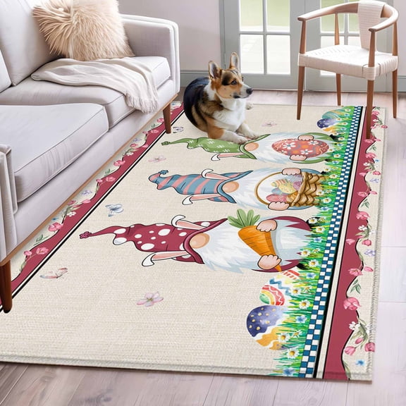 Area Rugs 2.7'x5', Gnomes Easter Carpet for Living Room Bedroom Dining Room, Eggs Tulips Spring Floral Rustic Throw Kitchen Rugs Non Slip Washable Rectangle Indoor Outdoor Rugs