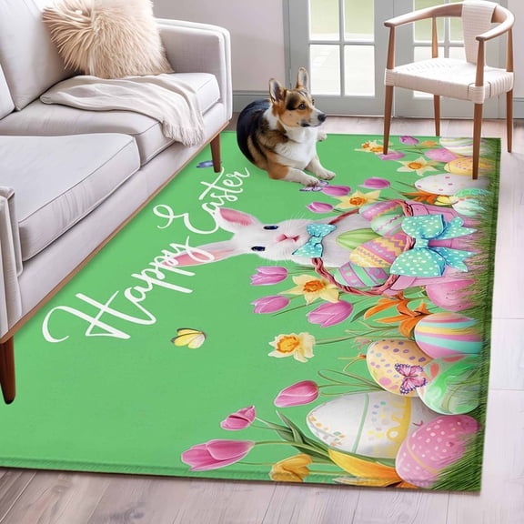 Area Rugs 2.7'x5', Green Easter Carpet for Living Room Bedroom Dining Room, Spring Bunny Eggs Tulip Flowers Butterfly Throw Kitchen Rugs Non Slip Washable Rectangle Indoor Outdoor Rugs
