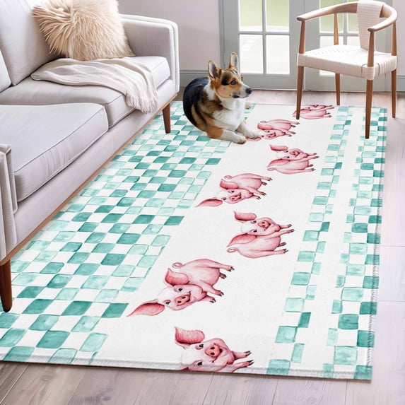 Area Rugs 2.7'x5', Green Plaid Farmhouse Carpet for Living Room Bedroom Dining Room, Watercolor Cute Country Pigs Checkered Throw Kitchen Rugs Non Slip Washable Rectangle Indoor Outdoor Rugs