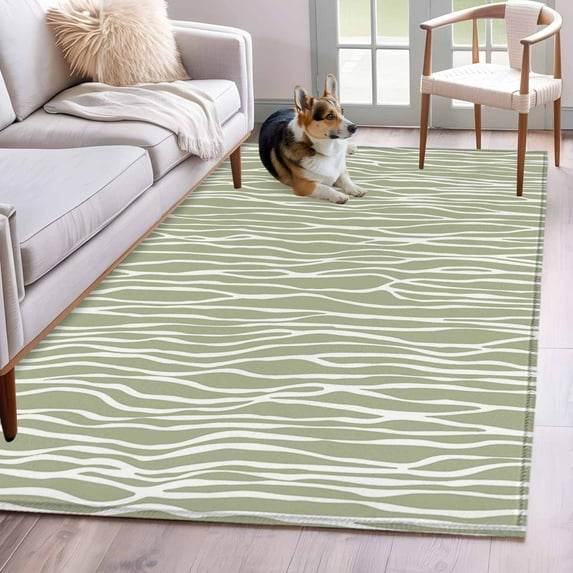 Area Rugs 2.7'x5', Green Waves Stripes Carpet for Living Room Bedroom Dining Room, Vintage Minimalist Lines Texture Throw Kitchen Rugs Non Slip Washable Rectangle Indoor Outdoor Rugs