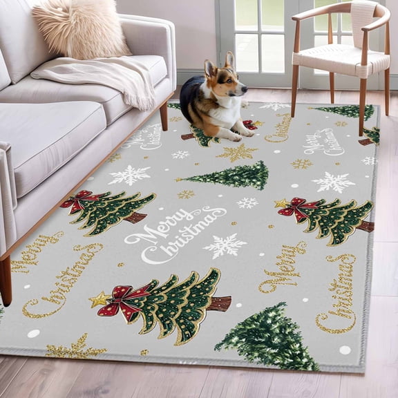 Area Rugs 2.7'x5', Grey Christmas Carpet for Living Room Bedroom Dining Room, Winter Green Pine Tree Gold Snowflake Throw Kitchen Rugs Non Slip Washable Rectangle Indoor Outdoor Rugs
