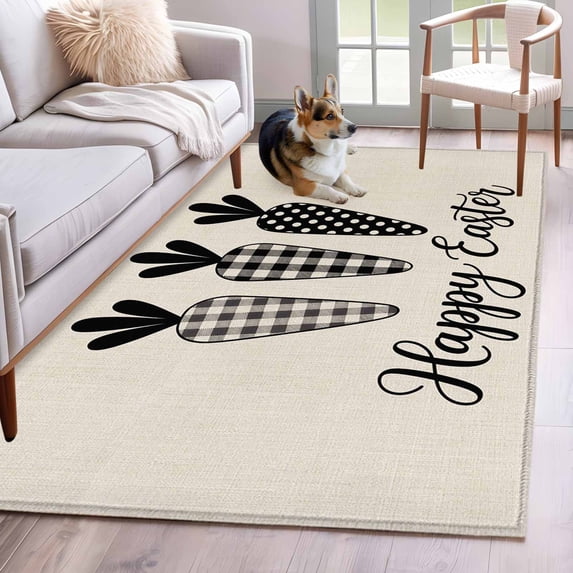 Area Rugs 2.7'x5', Happy Easter Carpet for Living Room Bedroom Dining Room, Black Plaid Carrots Spring Country Beige Throw Kitchen Rugs Non Slip Washable Rectangle Indoor Outdoor Rugs