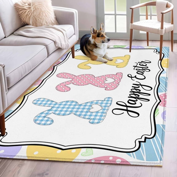 Area Rugs 2.7'x5', Happy Easter Carpet for Living Room Bedroom Dining Room, Colorful Rabbits Eggs Spring Throw Kitchen Rugs Non Slip Washable Rectangle Indoor Outdoor Rugs