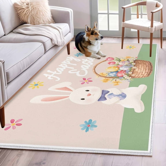 Area Rugs 2.7'x5', Happy Easter Carpet for Living Room Bedroom Dining Room, Cute Bunny Colorful Eggs Spring Flowers Green Throw Kitchen Rugs Non Slip Washable Rectangle Indoor Outdoor Rugs