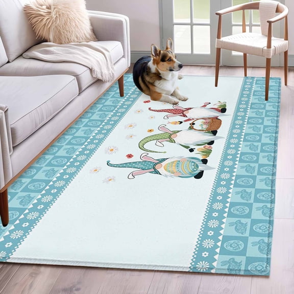 Area Rugs 2.7'x5', Happy Easter Carpet for Living Room Bedroom Dining Room, Cute Gnomes Eggs Blue Bunny Flowers Border Throw Kitchen Rugs Non Slip Washable Rectangle Indoor Outdoor Rugs