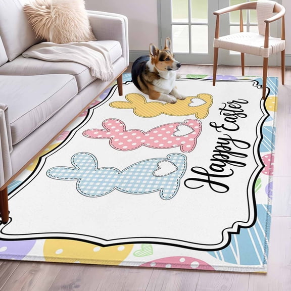 Area Rugs 2.7'x5', Happy Easter Carpet for Living Room Bedroom Dining Room, Cute Lovely Colorful Rabbits Silhouette Eggs Throw Kitchen Rugs Non Slip Washable Rectangle Indoor Outdoor Rugs