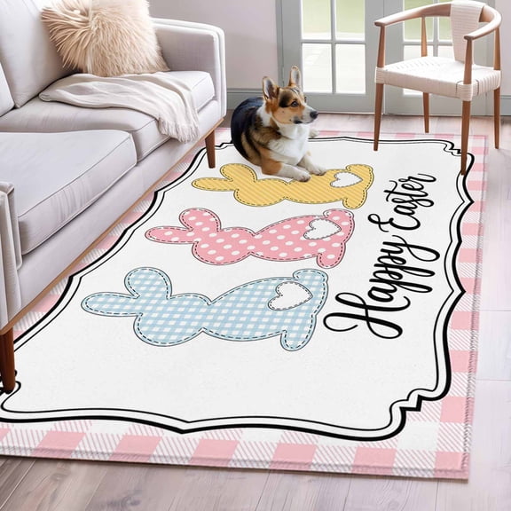 Area Rugs 2.7'x5', Happy Easter Carpet for Living Room Bedroom Dining Room, Cute Lovely Colorful Rabbits Silhouette Pink Checkered Throw Kitchen Rugs Non Slip Washable Rectangle Indoor Outdoor Rugs