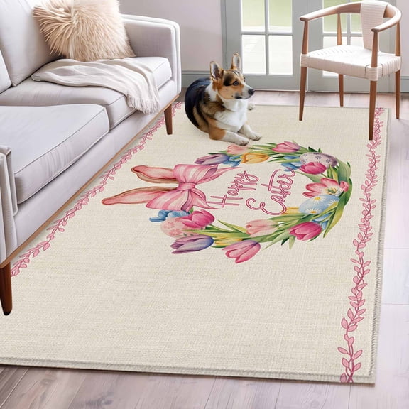 Area Rugs 2.7'x5', Happy Easter Carpet for Living Room Bedroom Dining Room, Rabbits Bows Spring Tulips Eggs Retro Throw Kitchen Rugs Non Slip Washable Rectangle Indoor Outdoor Rugs