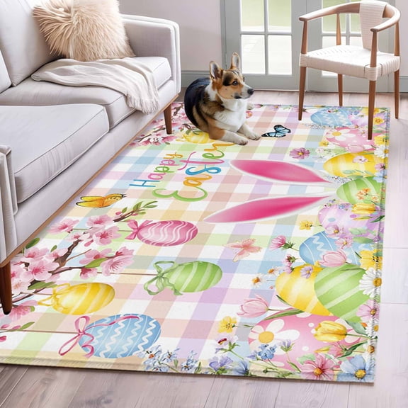 Area Rugs 2.7'x5', Happy Easter Carpet for Living Room Bedroom Dining Room, Spring Bunny Colorful Eggs Flower Plaid Throw Kitchen Rugs Non Slip Washable Rectangle Indoor Outdoor Rugs