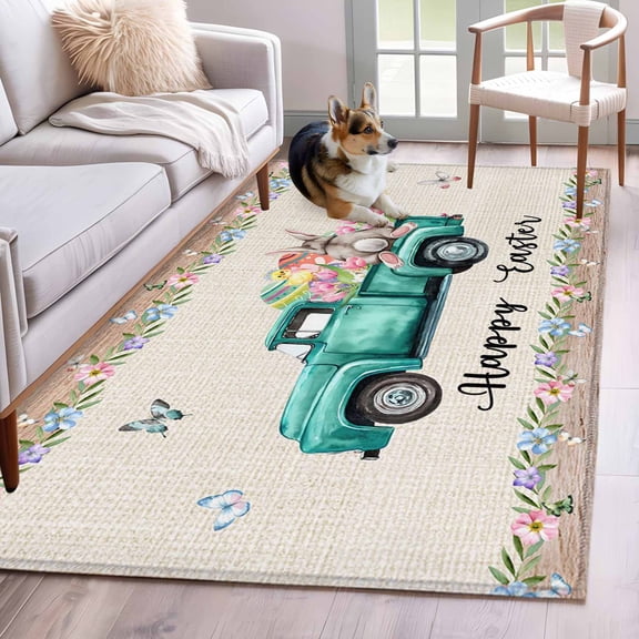 Area Rugs 2.7'x5', Happy Easter Carpet for Living Room Bedroom Dining Room, Spring Farmhouse Green Truck Eggs Bunny Throw Kitchen Rugs Non Slip Washable Rectangle Indoor Outdoor Rugs