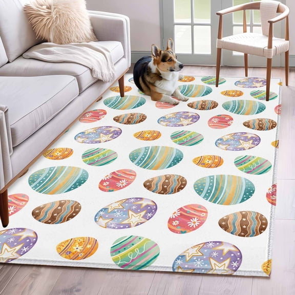 Area Rugs 2.7'x5', Happy Easter Carpet for Living Room Bedroom Dining Room, Spring Funny Colorful Eggs Star Flowers Throw Kitchen Rugs Non Slip Washable Rectangle Indoor Outdoor Rugs