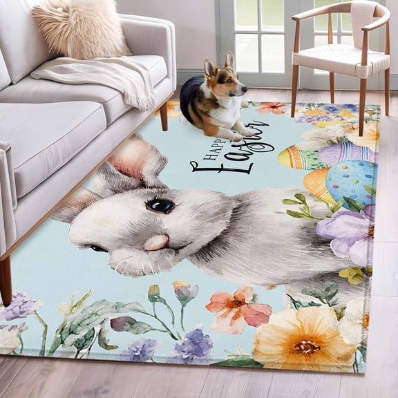 Area Rugs 2.7'x5', Happy Easter Carpet for Living Room Bedroom Dining Room, Spring Grey Bunny Colorful Eggs Flower Blue Throw Kitchen Rugs Non Slip Washable Rectangle Indoor Outdoor Rugs
