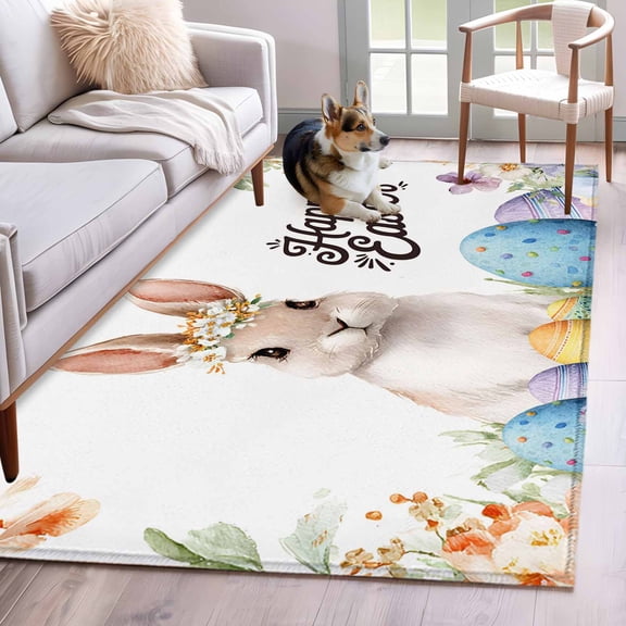 Area Rugs 2.7'x5', Happy Easter Carpet for Living Room Bedroom Dining Room, Spring Watercolor Bunny Eggs Flowers Throw Kitchen Rugs Non Slip Washable Rectangle Indoor Outdoor Rugs