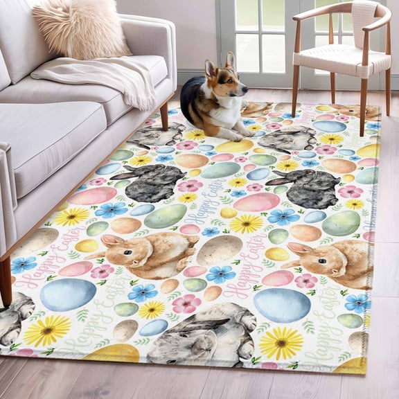 Area Rugs 2.7'x5', Happy Easter Carpet for Living Room Bedroom Dining Room, Spring Watercolor Rabbits Eggs Flower Throw Kitchen Rugs Non Slip Washable Rectangle Indoor Outdoor Rugs